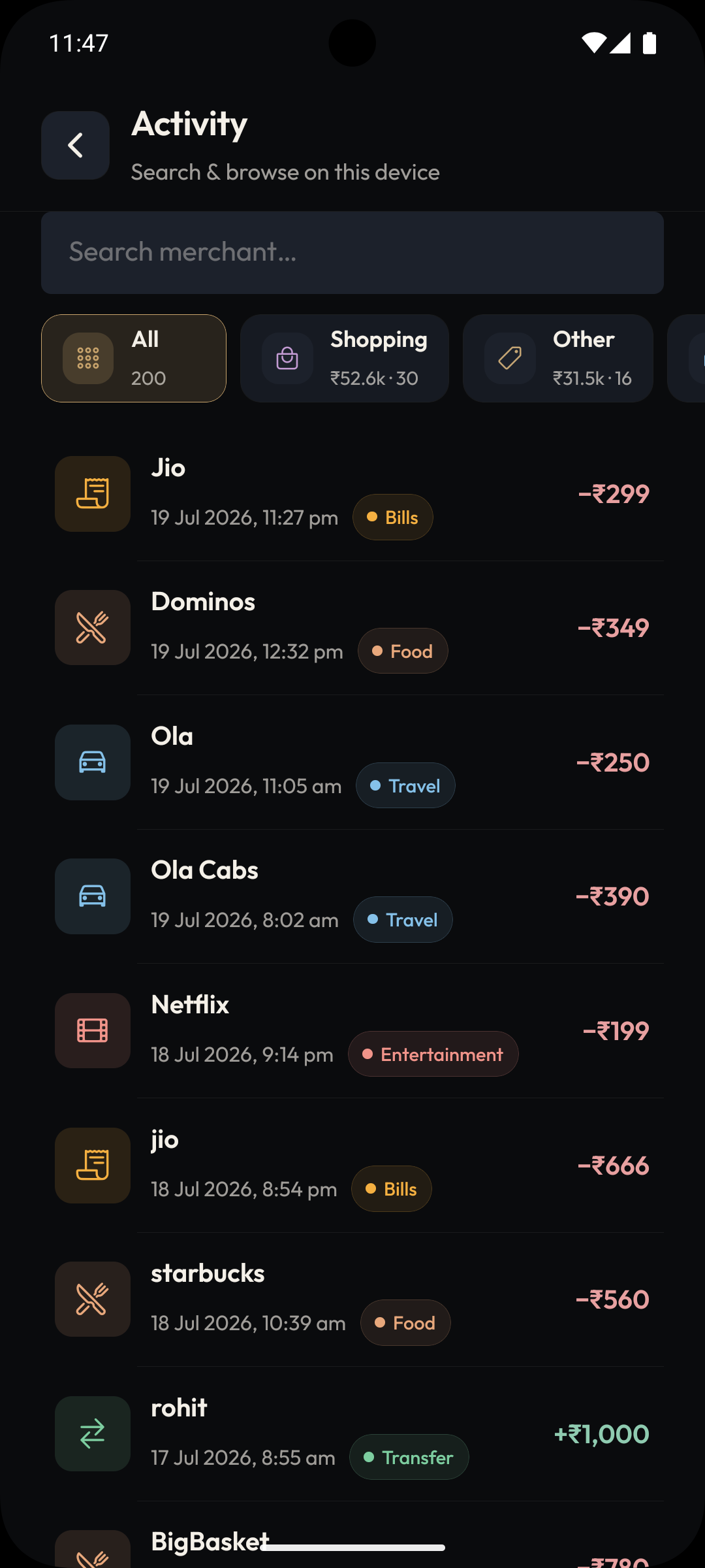 Activity list of expenses searchable by merchant