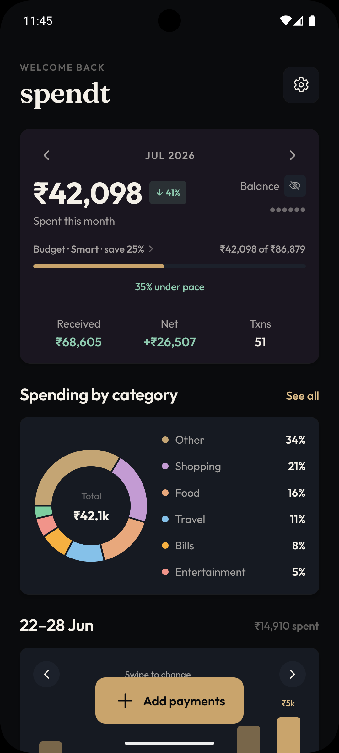 Spentd home screen showing monthly spend, budget, and balance