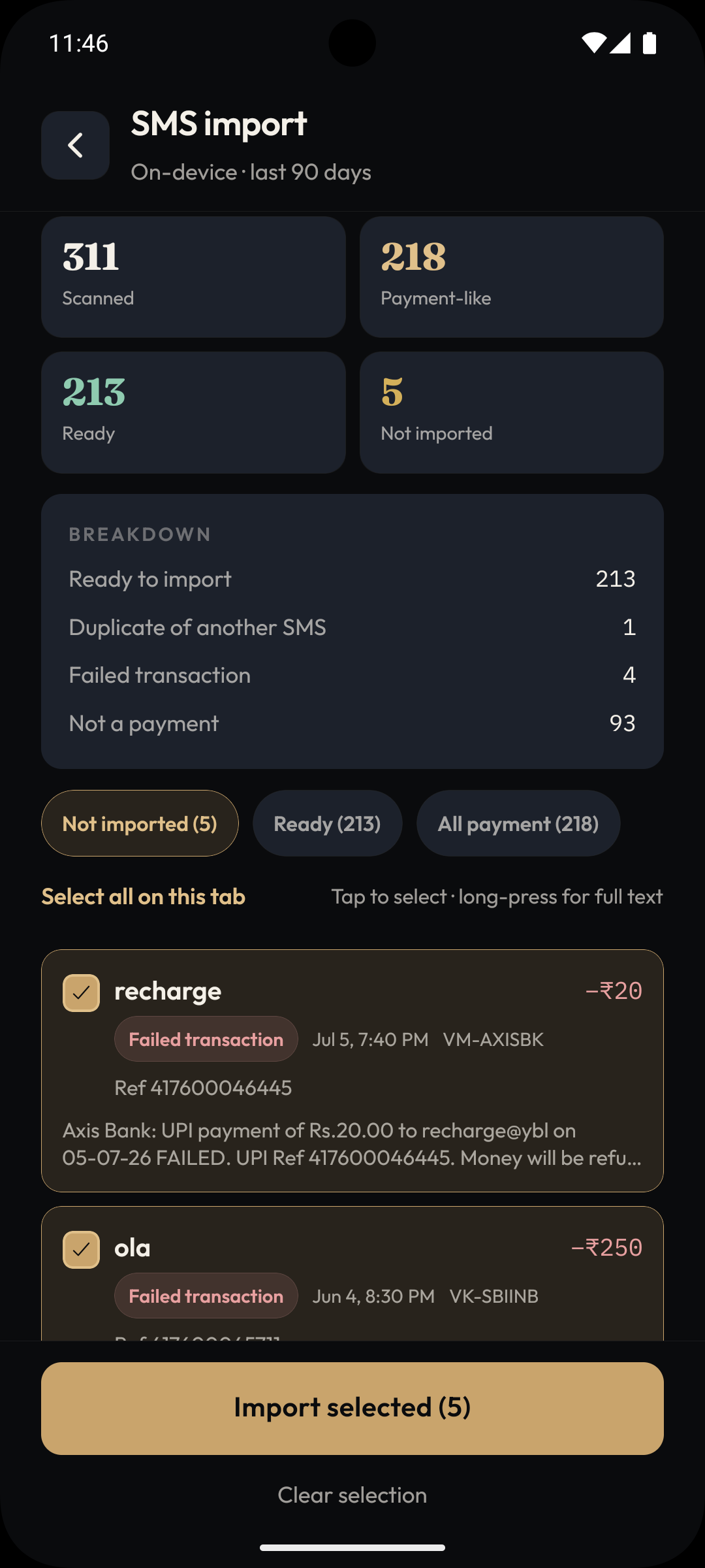 SMS import review with scanned payment counts and selection
