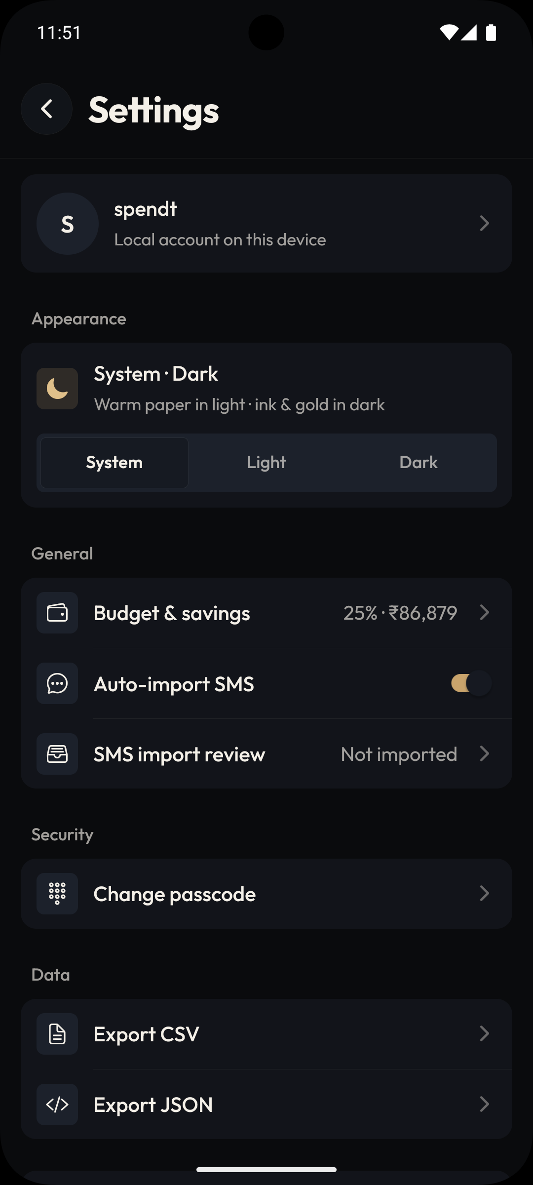 Settings with auto-import SMS and appearance controls